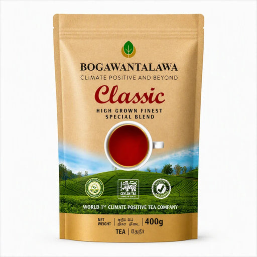 A 400g stand-up pouch of Bogawantalawa Classic High Grown Finest Special Blend tea, featuring a kraft paper design with a green landscape illustration and a cup of red tea.