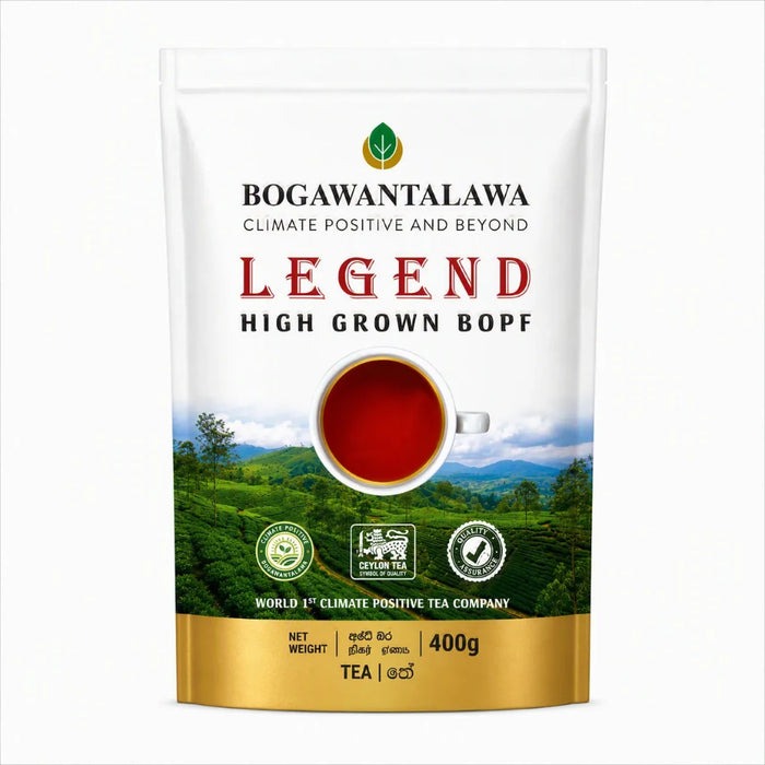 A 400g stand-up pouch of Bogawantalawa Legend High Grown Bopf tea, featuring a white background with green tea plantation imagery, a cup of red tea in the center, and a gold band at the bottom.