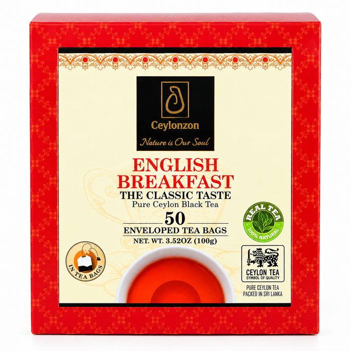 Ceylonzon English Breakfast Pure Ceylon Black Tea 100g (3.5 oz) – 50 Individually Enveloped Tea Bags