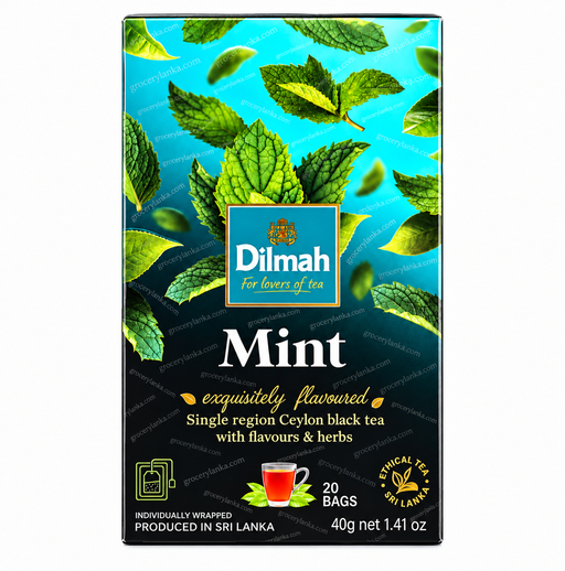 A box of Dilmah Mint Single Region Ceylon Black Tea, featuring a vibrant turquoise and black background decorated with green mint leaves. The central brand logo is displayed in a blue square, and the packaging indicates it contains 20 individually wrapped bags.