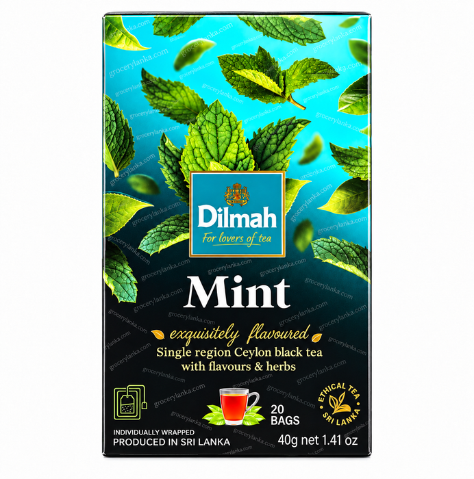 A box of Dilmah Mint Single Region Ceylon Black Tea, featuring a vibrant turquoise and black background decorated with green mint leaves. The central brand logo is displayed in a blue square, and the packaging indicates it contains 20 individually wrapped bags.