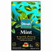 A box of Dilmah Mint Single Region Ceylon Black Tea, featuring a vibrant turquoise and black background decorated with green mint leaves. The central brand logo is displayed in a blue square, and the packaging indicates it contains 20 individually wrapped bags.