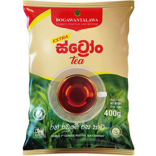 A 400g package of Bogawantalawa Extra Tea, featuring a beige and green design with a central illustration of a glass cup filled with dark red tea.