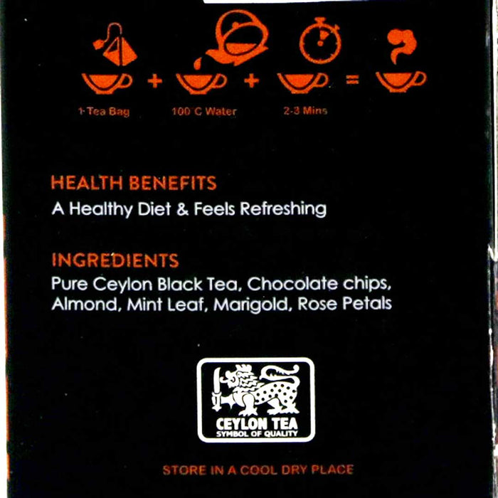 Prime Tea Ceylon Hot Choco Almond Mint 20 Pyramid Bags | Pure Ceylon Tea wit Chocolate Chips, Almond, Mint Leaf. Marigold, Rose Petals