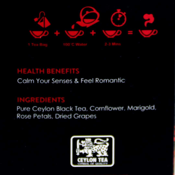 Prime Tea Ceylon Romantic Moon Light 20 Pyramid Bags | Pure Ceylon Black Tea with Cornflower, Marigold, Rose Petals, Dried Grapes