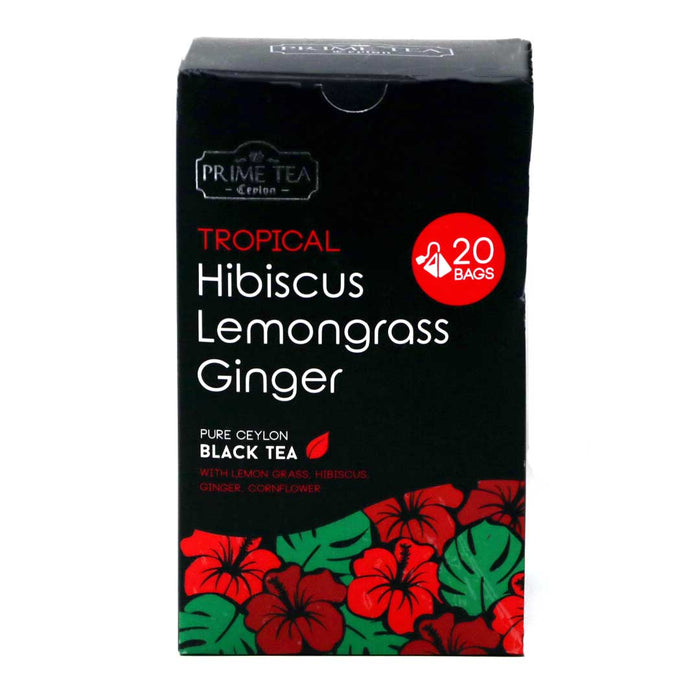 Prime Tea Ceylon Tropical Hibiscus Lemongrass Ginger 20 Pyramid Bags | Pure Ceylon Black Tea with Lemon Grass, Hibiscus, Ginger and Cornflower