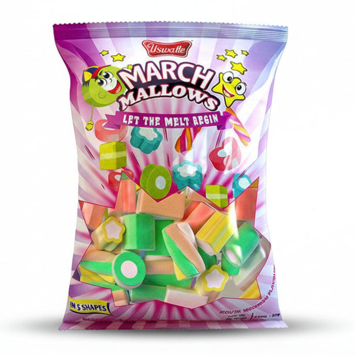 Packaged marshmallows with colorful design on a red background, featuring Uswalle brand.