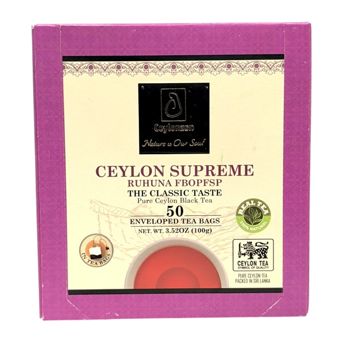 Ceylonzon Ceylon Supreme Ruhuna FBOPFSP Tea 100g (3.5 oz) – 50 Individually Enveloped Tea Bags