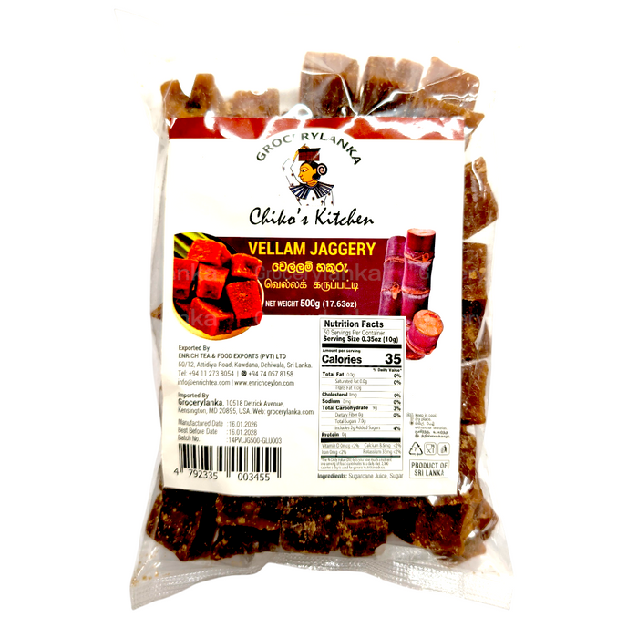 Chiko's Kitchen Vellam Jaggery 500g (1.1 lb)- Sugar cane Jaggery ( උක් හකුරු )