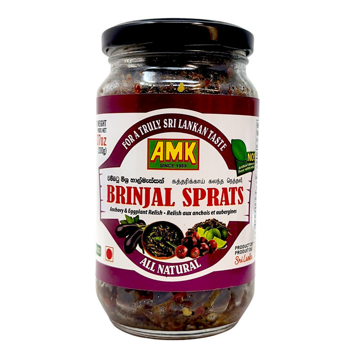 Jar of AMK Brinjal Sprats on a white background