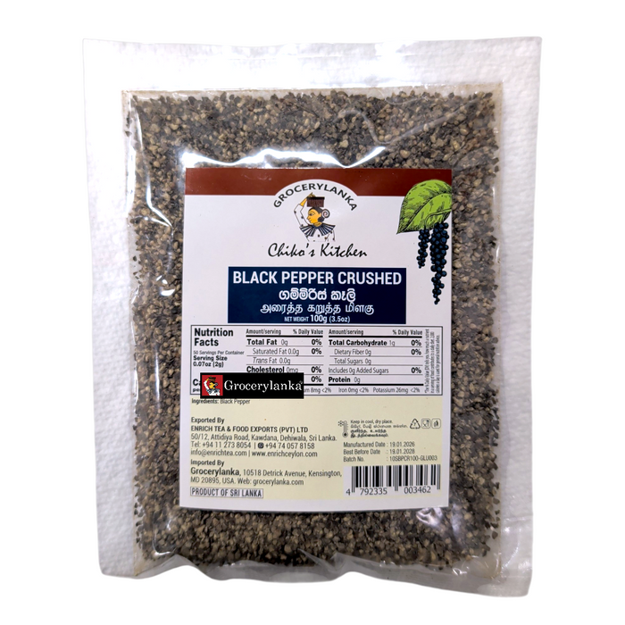 Chiko's Kitchen Black Pepper Crushed 100g (3.5 oz) – 100% Sri Lankan Origin