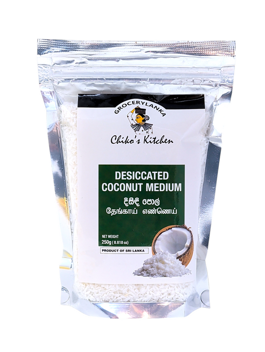 Desiccated coconut packaging with Chiko's Kitchen branding on a white background