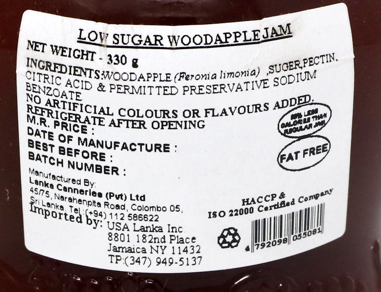 MD Low Sugar Woodapple Jam 330g Nutrition 