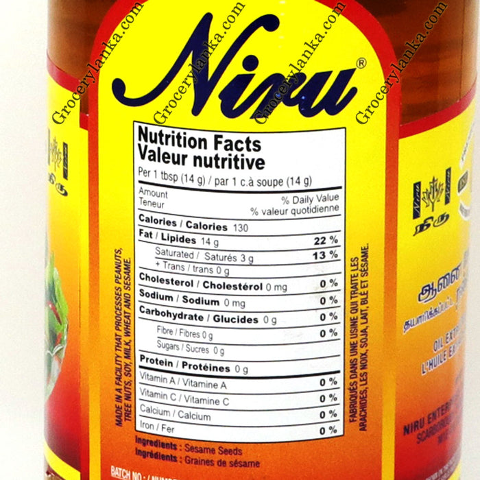 Niru Pure Gingelly Oil (Sesame Oil) 750ml Nutrition Facts